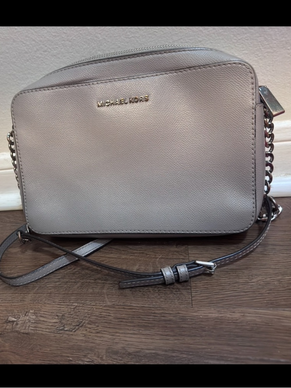 Michael Kors Light Gray Leather Crossbody Camera Bag with Chain Strap